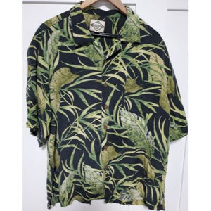 Three Palm Brand Mens Short Sleeve Silk Button Up Shirt XL Leaves Black Green